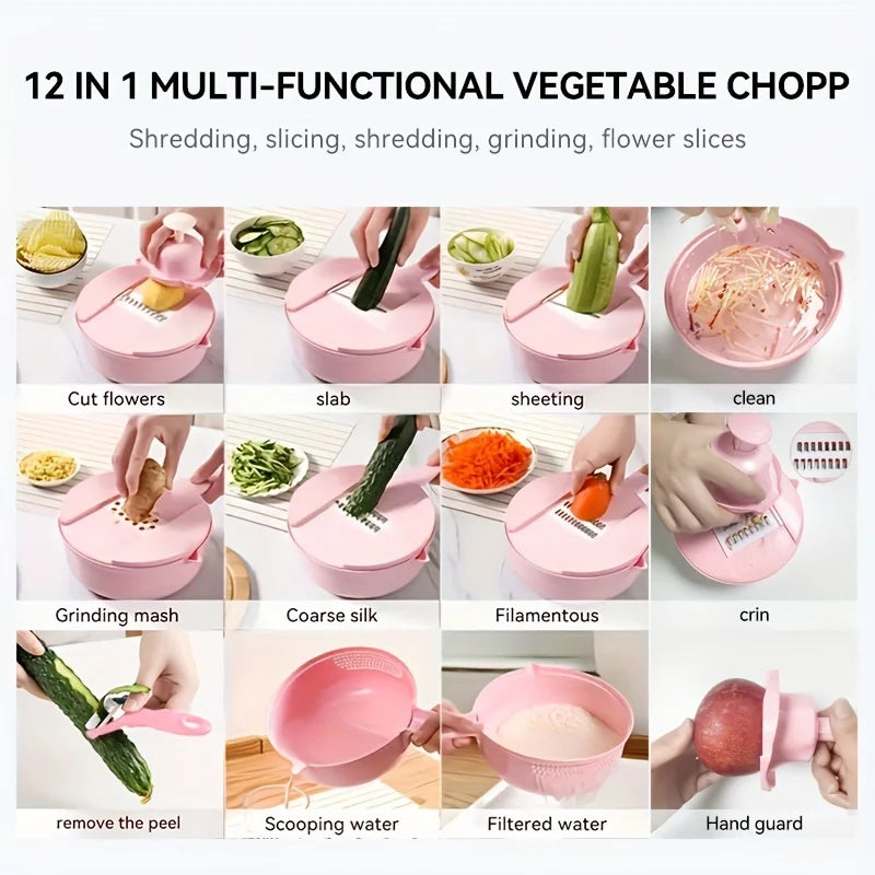 12-In-1 Multi-Functional Vegetable Chopper and Slicer - Perfect for Commercial Kitchens Cutting, Shredding, and Grating Carrots.